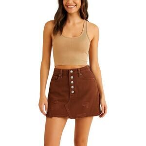 We The Free Brown Distressed Denim Mini Skirt Women’s Size 27 Button Fly